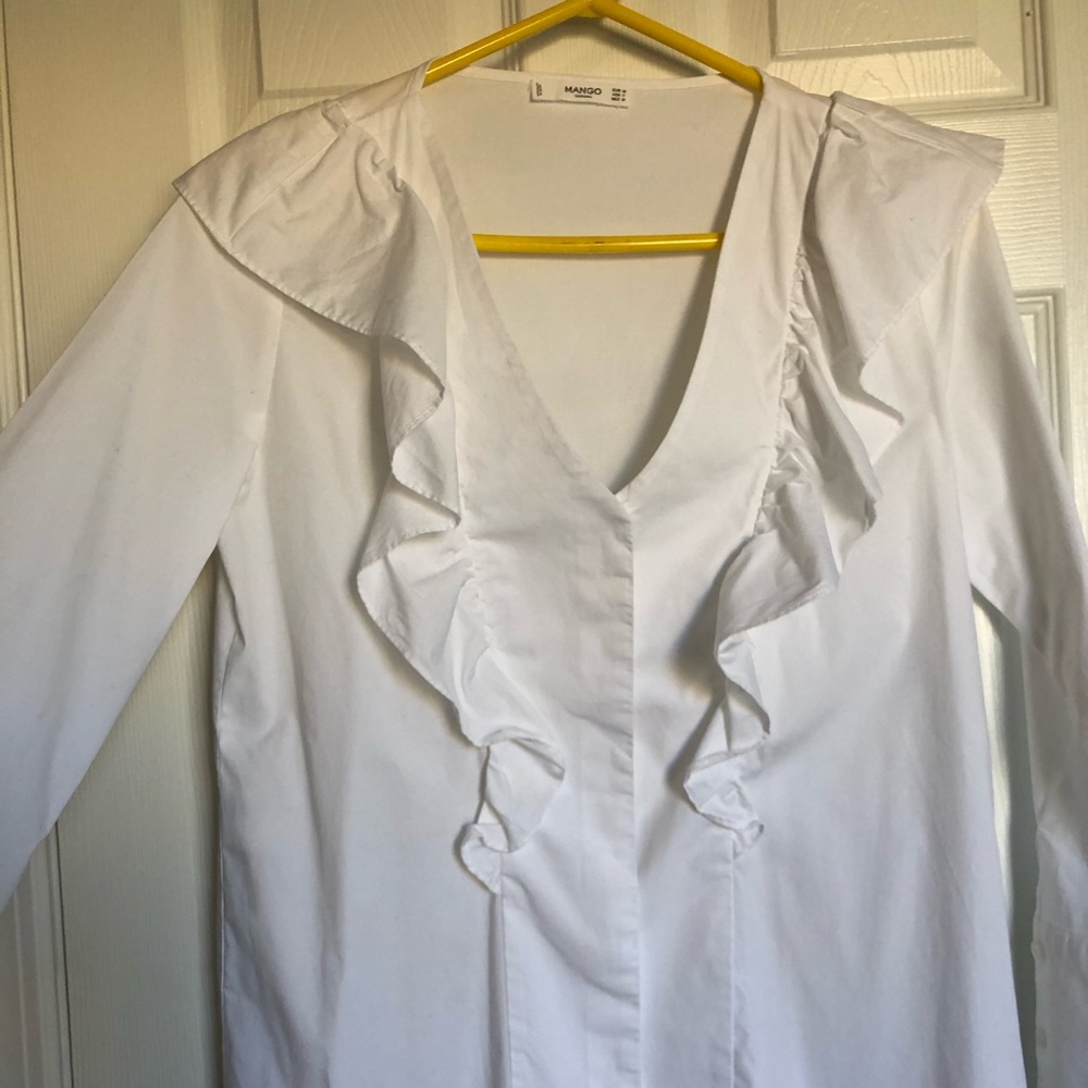White ruffle button down